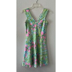 Lily Pulitzer Dress XXS Dahlia Coconut Jungle Fit And Flare Cotton Tropical Pink